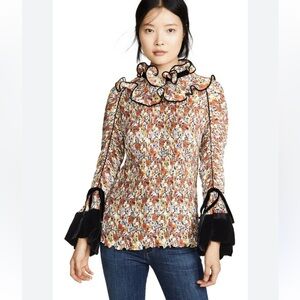 Tory Burch Multi-Color Floral Ruffle Blouse with Black Velvet Trim